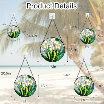 Stained Glass Window Hanging - White Snow Lotus Birth Flower Suncatcher for Doors Garden Patio Sun Catchers Decor Christmas Mother's Day Birthday Gifts for Women Men Mom Nana Friend 6.3 in