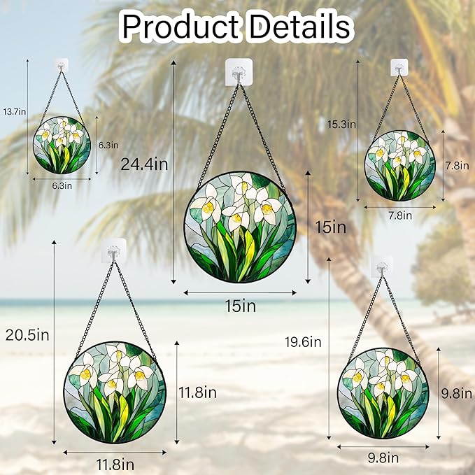 Stained Glass Window Hanging - White Snow Lotus Birth Flower Suncatcher for Doors Garden Patio Sun Catchers Decor Christmas Mother's Day Birthday Gifts for Women Men Mom Nana Friend 15 in