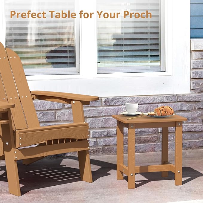 LUE BONA Outdoor Side Table, HDPS Small Adirondack End Table for Patio, Porch, Deck, Weather Resistant, Easy Maintenance, Indoor or Outdoor Use, Teak Color