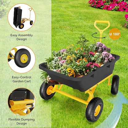 VINGLI Heavy Duty Dump Cart Wagon, 770LBS Quick-Release Dump Poly Wheelbarrow, 10in All-Terrain Pneumatic Tires Garden Wagon for Garden, Yard, Beach