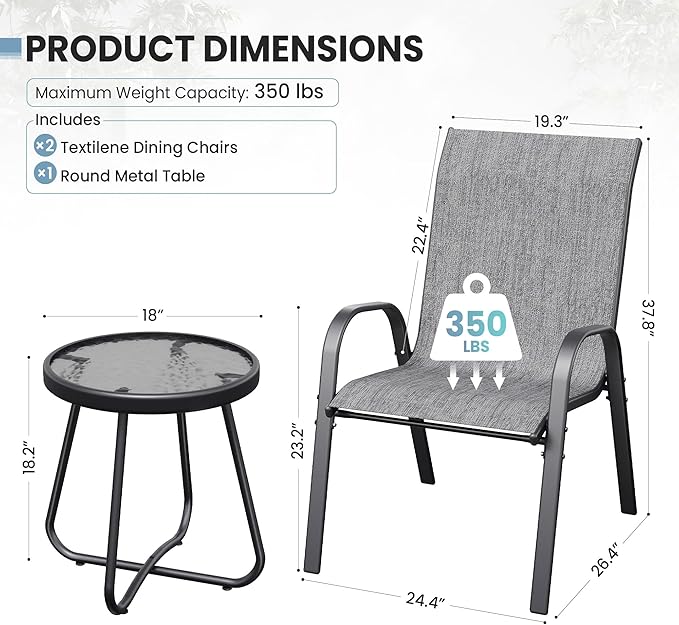 Patio Table and Chairs Set - 3 Piece Outdoor Stackable Dinging Chairs for All Weather,Breathable Garden Furniture for Deck Garden Backyard (Light Grey)