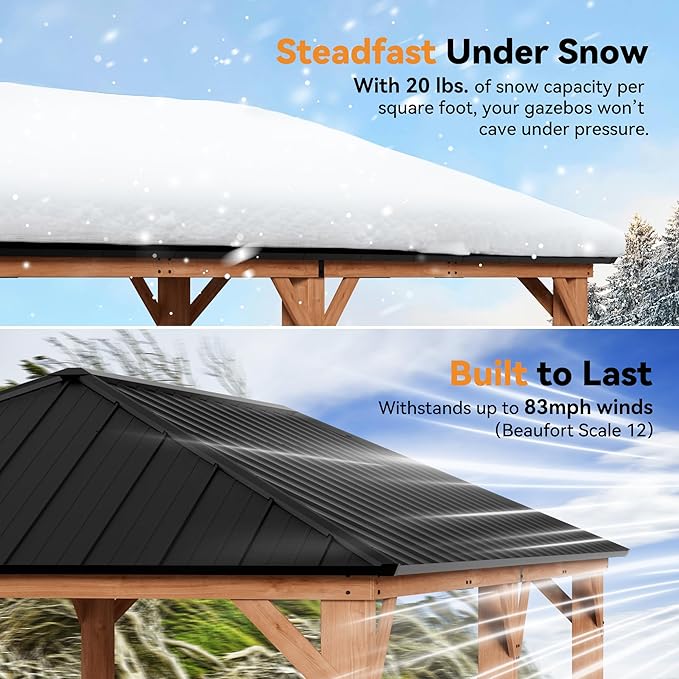 Modern Shade Tranquil Grove Wood Gazebo 12' x 24', Grill Gazebo with Galvanized Steel Roof, Mosquito Netting and Curtains, Permanent Hardtop Pavilion with Sturdy Hooks for Garden, Backyard