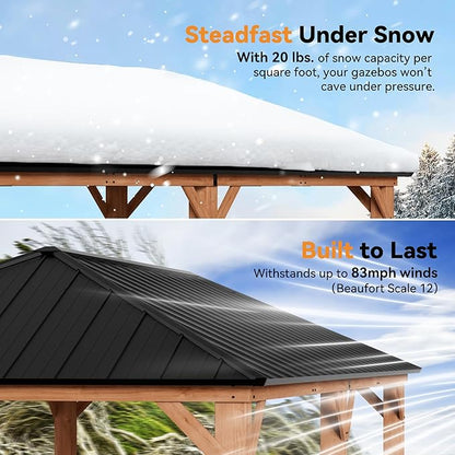 Modern Shade Tranquil Grove Wood Gazebo 12' x 24', Grill Gazebo with Galvanized Steel Roof, Mosquito Netting and Curtains, Permanent Hardtop Pavilion with Sturdy Hooks for Garden, Backyard