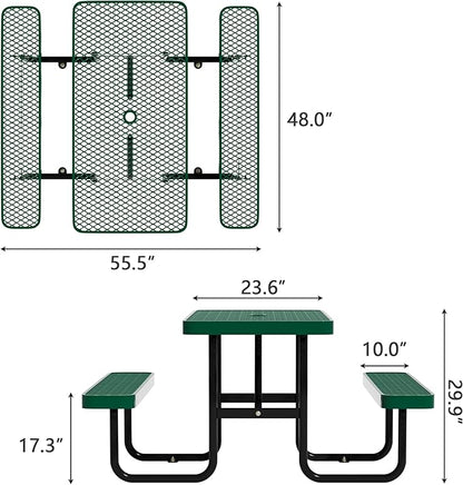 4FT Picnic Tables for Outdoors, Rectangular Commercial Metal Picnic Table Bench Set with Umbrella Hole,Heavy Duty Steel Weather-Resistant Dining Table for Patio Dining Garden Backyard BBQ School