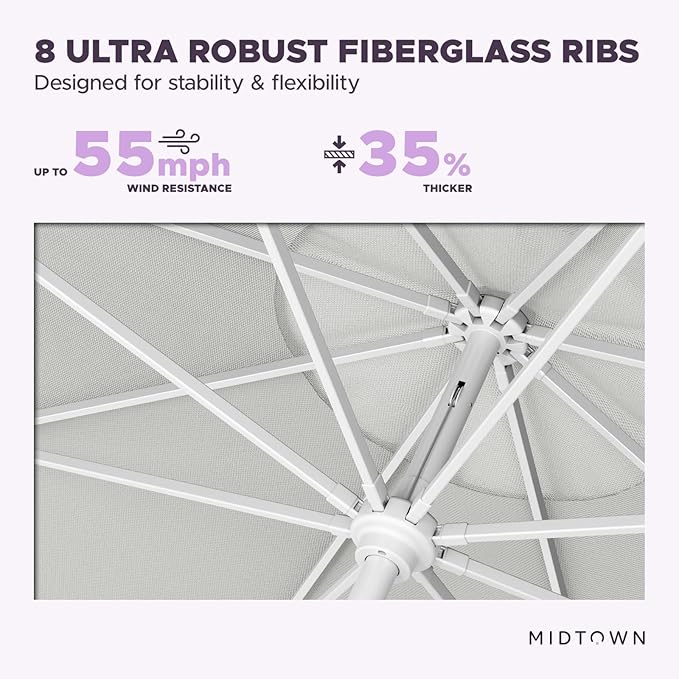 Midtown Umbrellas The Swilt 9 Feet Patio Umbrella in Terylast Off Cream (Off White) Polyester Fabric - Fiberglass Ribs, Auto-Tilt Aluminum Frame For Backyard, Deck, Garden, Pool - White Pole