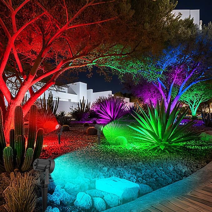 RGB Solar Spot Lights Outdoor,2 Pack Color Changing Solar Landscape Spotlights IP65 Waterproof 9.8ft Cable, Auto On/Off Outdoor Wall Lights for Garden Yard Driveway Porch Walkway Pool (1-in-1)