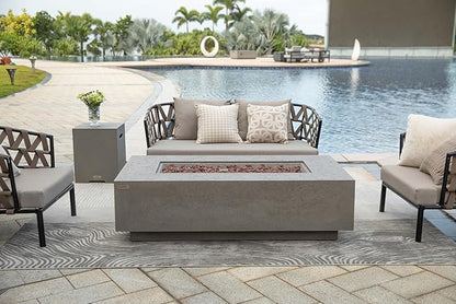 AMS Creations | Madison 60" Rectangular Propane Gas Outdoor Fire Pit Table | Light Gray Concrete GFRC | Limestone Texture or Surface | Electronic Ignition | Outside Backyard Fireplace