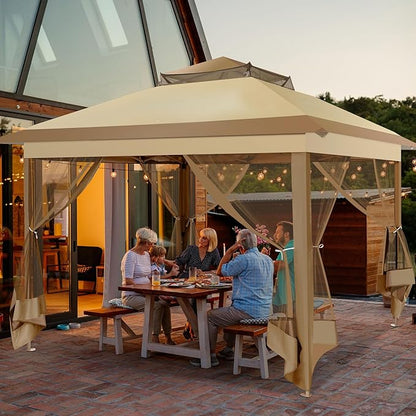 COBIZI Pop Up Gazebo 11x11 One-Push Canopy Tent, Carpas Para Patio, Outdoor Canopy Shelter with Double Roof Ventiation 121 Square Feet of Shade for Lawn, Garden, Backyard and Deck, Khaki(Upgraded 2.0)