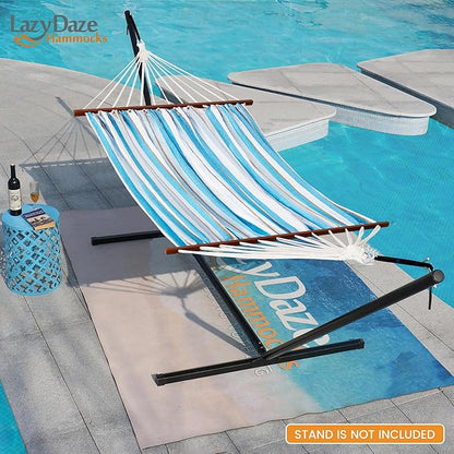 Lazy Daze Hammocks Cotton Fabric Spreader Bar Hammock, Outdoor Portable Hammock with Carrying Bag & Tree Straps for Bedroom, Patio, Backyard, Balcony, Max 450lbs Capacity, Blue & White
