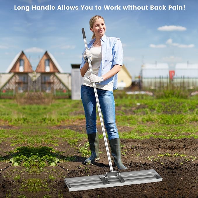 Goplus Lawn Leveling Rake, 36" x 10" Heavy Duty Level Lawn Tool w/ Ergonomic Handle for Soil, Effort-Saving Landscape Rake for Garden, Backyard, Golf Course, Farm, Pasture, Silver
