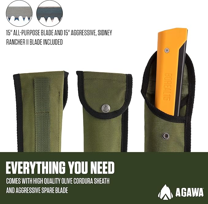 AGAWA - BOREAL15 Tripper Kit - Includes 15" Folding Saw, Nylon Carrying Case, 15" All-Purpose & 15" Aggressive Blade - For Camping, Hiking & Survival Gear (Black Frame/Yellow Handle)