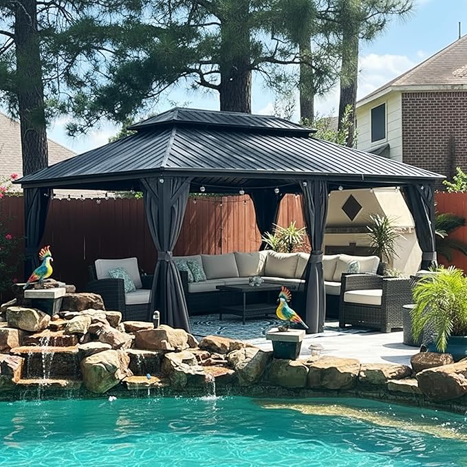 PURPLE LEAF 12'x18' Hardtop Gazebo with Lights Patio Outdoor Pavilion with Galvanized Steel Double Roof Includes Netting and Curtains for Garden Lawn Backyard Grey