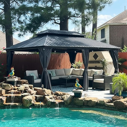 PURPLE LEAF 12'x18' Hardtop Gazebo with Lights Patio Outdoor Pavilion with Galvanized Steel Double Roof Includes Netting and Curtains for Garden Lawn Backyard Grey