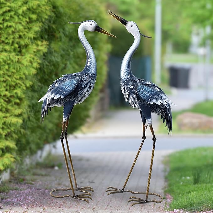 33-35 Inch Blue Heron Garden Statues for Outside, Metal Cranes for Yard Outdoor Decor, Standing Bird Sculptures for Patio, Lawn, and Backyard, Garden Sculptures & Statues, Set of 2
