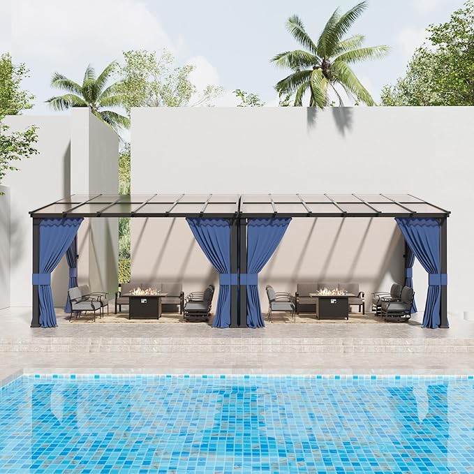 Kullavik 10' × 24' Hardtop Gazebo for Patio,Wall-Mounted Lean to Gazebo Pergola with Sloping Roof and Durable Aluminum Frame,Large Heavy Duty Awnings for Decks,Backyard,NavyBlue