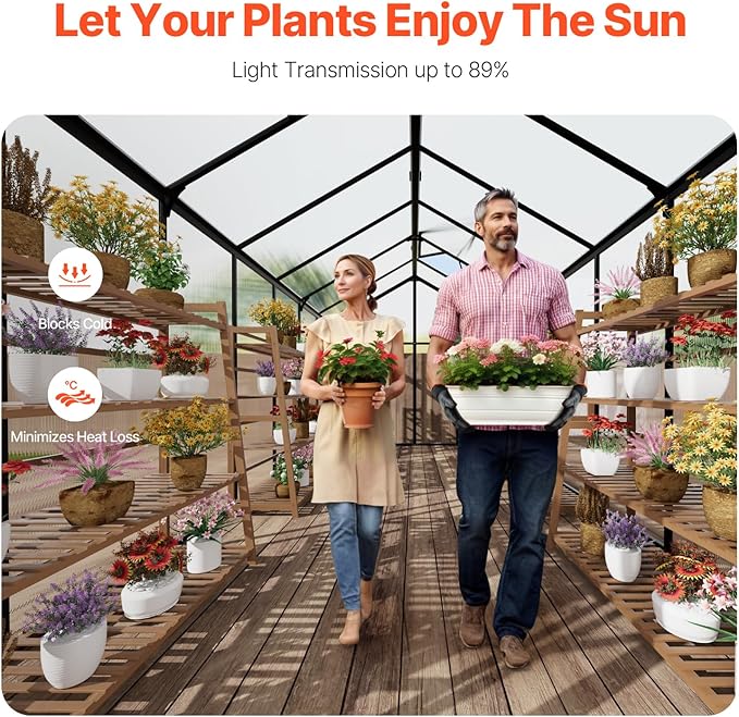 VEVOR Polycarbonate Greenhouse, 8 x 14 Ft, Outdoor Greenhouse with 2 Vent Windows, Pavilion Styled Greenhouse with Hinged Door, Aluminum Large Walk-in Greenhouse Kit for Outside Garden Backyard