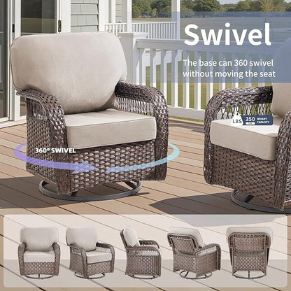 6 Pieces Patio Furniture Set Outdoor Sectional Sofa Couch with Rocking Swivel Chairs 5" Deep Seat Chairs, 2 Sofa Sets Modern Wicker Rattan Conversation Set, Beige/Brown Wicker