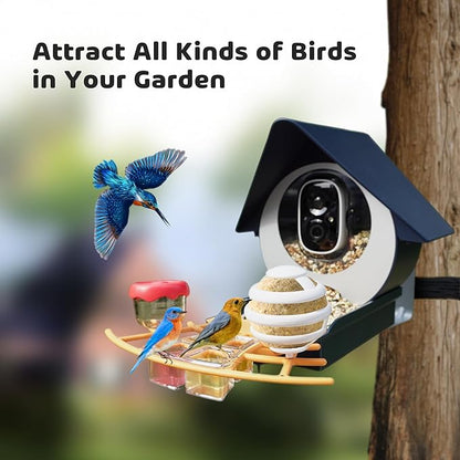 Birdkiss Smart Camera Bird Feeder with Solar Pannel, DIY Different Add-Ones Including Suet Ball, Jelly Feeder, Mini Hummingbird Feeder, Auto Capture Bird Full HD Videos, Ideal Present for Bird Lovers