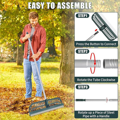 Artificial Turf Rake with 18in Double-Sided Heads, 32-61 Inch Turf Brush Grass Rake for Artificial Grass, Turf Grass Broom for Garden Lawn Artificial Turf Leaves Pet Hairs