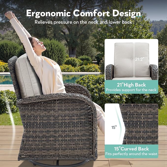 7 Piece Patio Furniture Set - Wicker Patio Conversation Set with Swivel Glider, Glider Loveseat, Tempered Glass Side Table and 2 Ottomans for Deck Backyard - Brown Wicker Beige Cushion