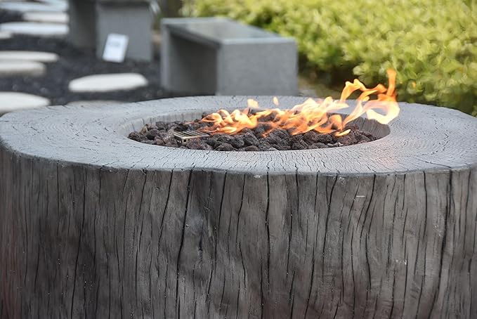 Elementi | Bundle Manchester Gas Fire Pit Cast Concrete Semi-Round Fire Table, Outdoor Fire Pit Electronic Ignition | Canvas Cover, Lava Rock Included | Classic Gray (Natural Gas)