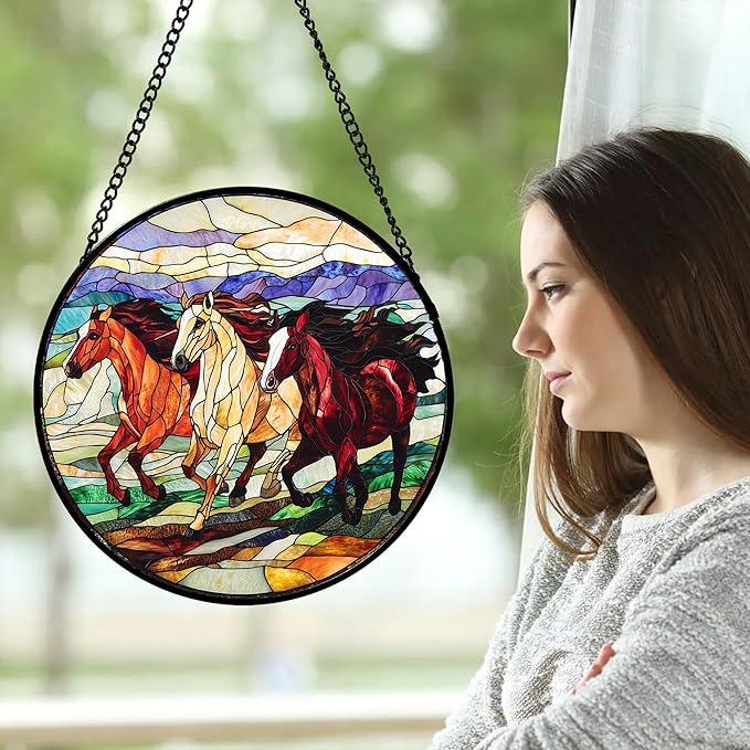 Stained Glass Window Hanging, Colorful Landscape Running Horse Suncatcher for Doors Window Home Sun Catchers Decoration Mother's Day Birthday Gifts for Women, Men, and Mom 6.3x6.3 in