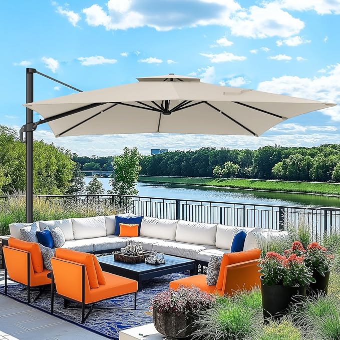 Hotime 10ft Cantilever Patio Umbrella Outdoor Heavy Duty Double Top Windproof Aluminum Offset Umbrella with 360°Rotation for Pool Garden Deck, Beige
