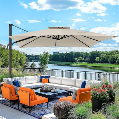 Hotime 10ft Cantilever Patio Umbrella Outdoor Heavy Duty Double Top Windproof Aluminum Offset Umbrella with 360°Rotation for Pool Garden Deck, Beige