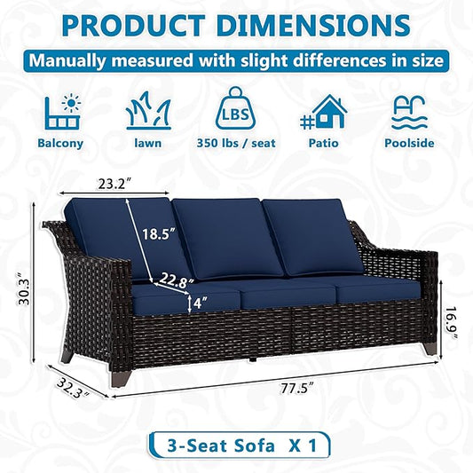 Vista Vibe 78" Patio Wicker 3-seat Sofa, Deep Seat & Upholstered Loveseat, Outdoor All-Weather Rattan Couch with Removable Cushions, Steel Frame Couch for Garden, Poolside (Brown/Navy)