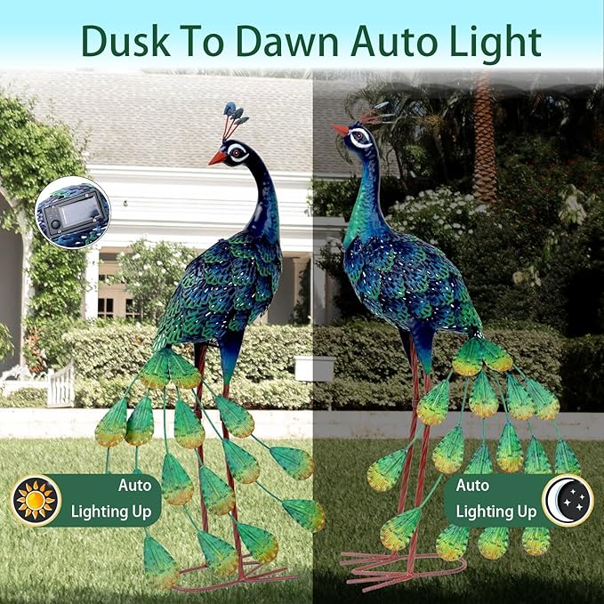 Kircust Solar Metal Peacock Statues - Set of 2 Weatherproof Outdoor Decor with Solar Lights for Garden, Yard, or Patio - Elegant Peacock Gifts