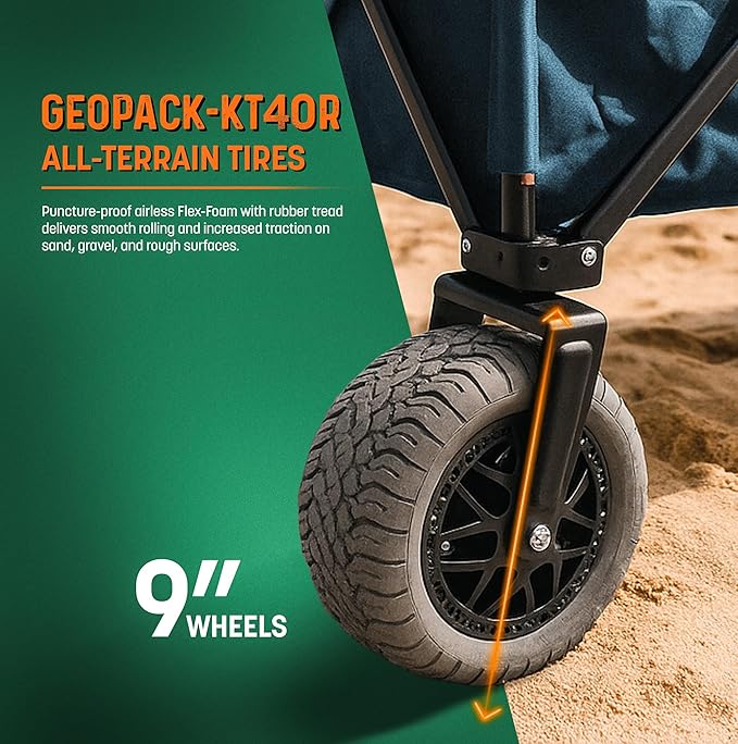 Folding Beach Wagon with Big All-Terrain Wheels for Off-Road Use (Sand/Gravel/Camping Trails) Extra Large Utility Cart with 9" Heavy-Duty Rubber Tires [Outland-XL by Stratton Forge] Blue