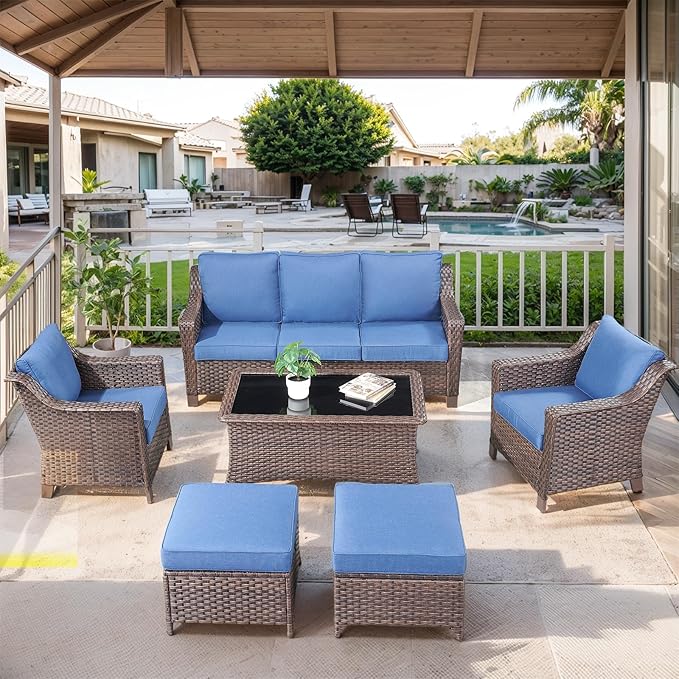 6 Pieces Outdoor Patio Furniture-High Back Rattan Wicker Couch with Outdoor Chairs Patio Conversation Sets for Porch Garden Backyard Poolside-Brown/Blue