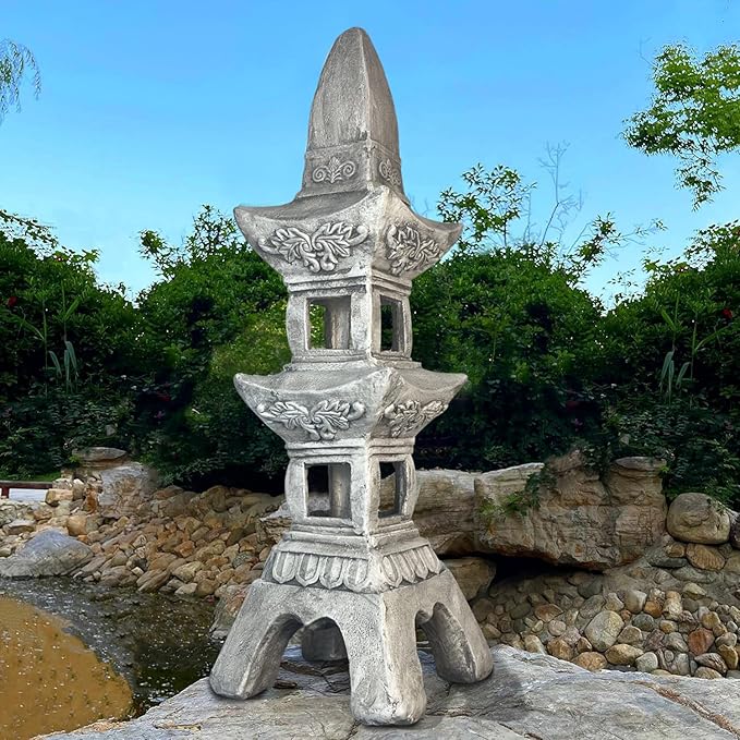 35.5’’High Asian Zen Pagoda Magnesium Oxide Tall Lantern Statue Outdoor Sculpture for Garden Backyard Decor Pagoda Statue Miniature Tower Lantern Landscape Garden Decoration