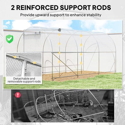 Outsunny 14.6'x6.5'x6.6' Hoop House Greenhouse with 2 Support Rods, Zippered Roll-up Mesh Door, Mesh Windows, Walk-in Tunnel Greenhouse with PE Cover, Galvanized Steel Frame, Outdoor Garden, White