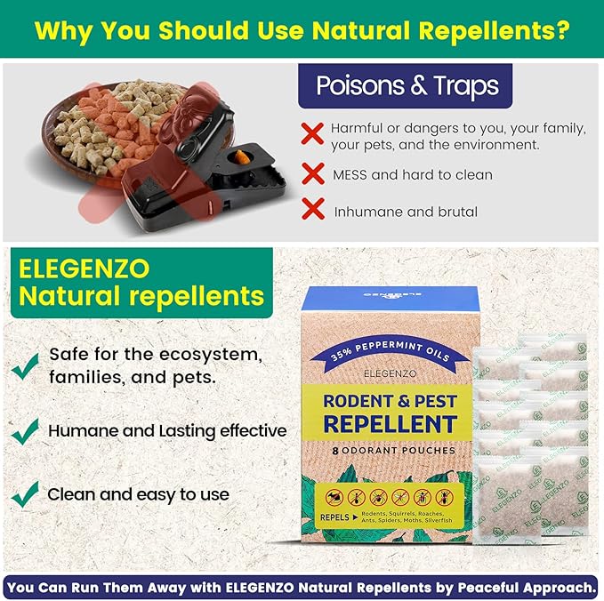 ELEGENZO Mouse Repellent Pouches with Peppermint Oil - Repels Mice, Rats, Squirrels, Roaches, Ants, Spiders, Moths - 8 Odorant Pouches