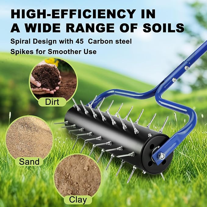 Rolling Lawn Aerator, 21" Pre-Assembled Aerator Lawn Tool, Heavy-Duty Grass Aerator with 45 Spikes, 75" Adjustable Handle Lawn Spike Aerator Roller – Yard Aerator for Lawn Care, Blue