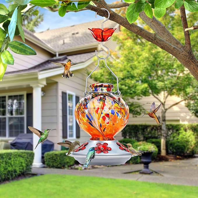 BOLITE Hummingbird Feeder, Hand Blown Glass Hummingbird Feeders for Outdoors Hanging, with 5 Feeding Ports, 22 Ounces, Peony Flower Shape, Orange, Gifts for Women Men, Gifts for Mom Dad