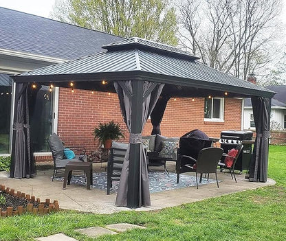 Domi 12'x14' Hardtop Gazebo Canopy,Outdoor Aluminum Gazebo with Galvanized Steel Double Roof,Permanent with Drainage System,Curtain and Netting Included,Grey