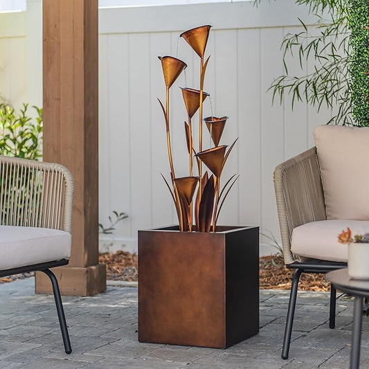 XBrand Metal Sculptural Multi-Tiered Flower Water Fountain, No LED Lights, Bronze, 46" Tall