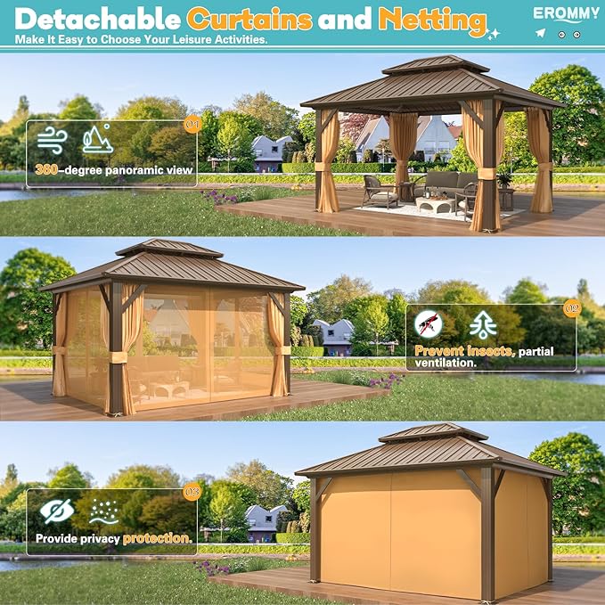 EROMMY 10'x12' Gazebo Hardtop, Galvanized Steel Double Roof Metal Gazebo with Aluminum Frame, Permanent Outdoor Pavilion with Curtain and Netting for Patio, Lawn and Garden, Brown