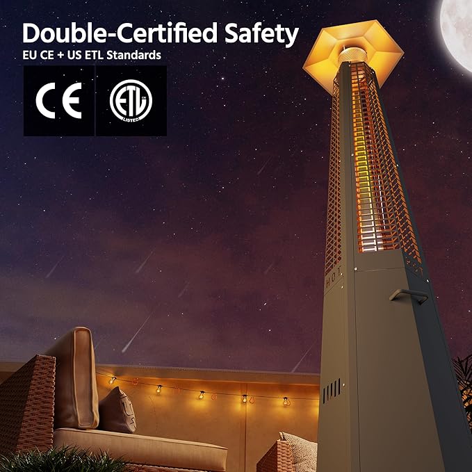 LAUSAINT HOME Hexagon Pyramid Patio Heater, 48,000 BTU Outdoor Patio Heater All Stainless Steel, Upgraded Quartz Glass Tube Propane Heater for Backyard Commercial, Tip-Over Protection, Cover & Wheels