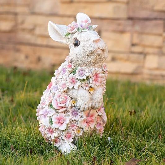 Colorful Flower Rabbit Statue - Indoor and Outdoor Garden Decoration Statue Unique Garden Art, Cheerful Home Decor, for Easter, Spring, and New Homes (10inch)