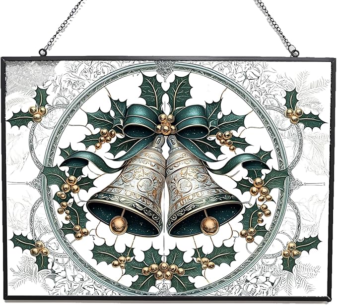 Personalized Rectangle Christmas Bell Suncatchers for Windows, Stained Glass Window Hangings,Hand-Painted Glass Panel Perfect for Home Décor