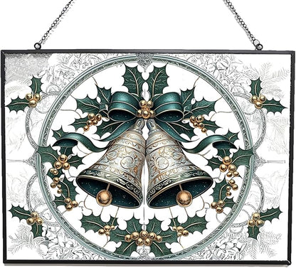 Personalized Rectangle Christmas Bell Suncatchers for Windows, Stained Glass Window Hangings,Hand-Painted Glass Panel Perfect for Home Décor