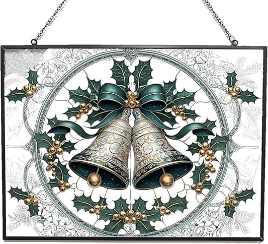 Personalized Rectangle Christmas Bell Suncatchers for Windows, Stained Glass Window Hangings,Hand-Painted Glass Panel Perfect for Home Décor