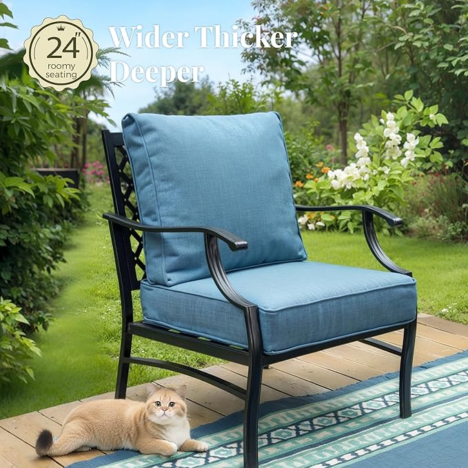 Patio Furniture Set 4 pcs, Metal Outdoor Patio Furniture, 3-Seat Sofa, 2 Single Chairs, Coffee Table and 5.75" Extra Thick Cushion, Conversation Set for Backyard Deck, Navy Blue