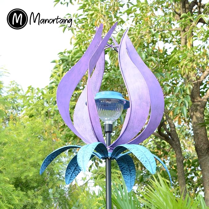 Multifunction Solar Wind Spinner Outdoor with Shepherd Hooks MANORTANG 83 Inch Metal Large Landscape Light Double Coconut Basket LED Windmill Outdoor Decoration for Yard Garden Lawn Patios (Purple)