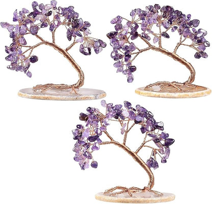 TUMBEELLUWA Reiki Crystal Money Tree with Agate Slice Base Feng Shui Stone Bonsai Tree Figure Decor for Happiness Good Luck and Wealth, Amethyst