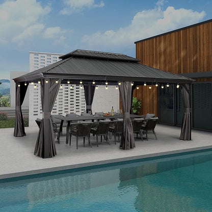 PURPLE LEAF 12' X 18' Aluminum Gazebo with Galvanized Steel Double Roof for Patio Lawn and Garden Gazebo with Light, Grey