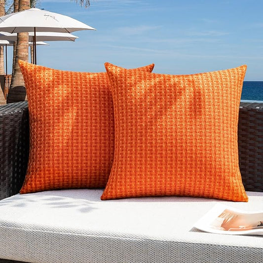 Kevin Textile Fall Outdoor Waterproof Throw Pillow Covers Pack of 2 Farmhouse Decorative Cushion Covers for Garden Patio Tent Balcony Bench Couch Sofa 20x20 Inch, Orange
